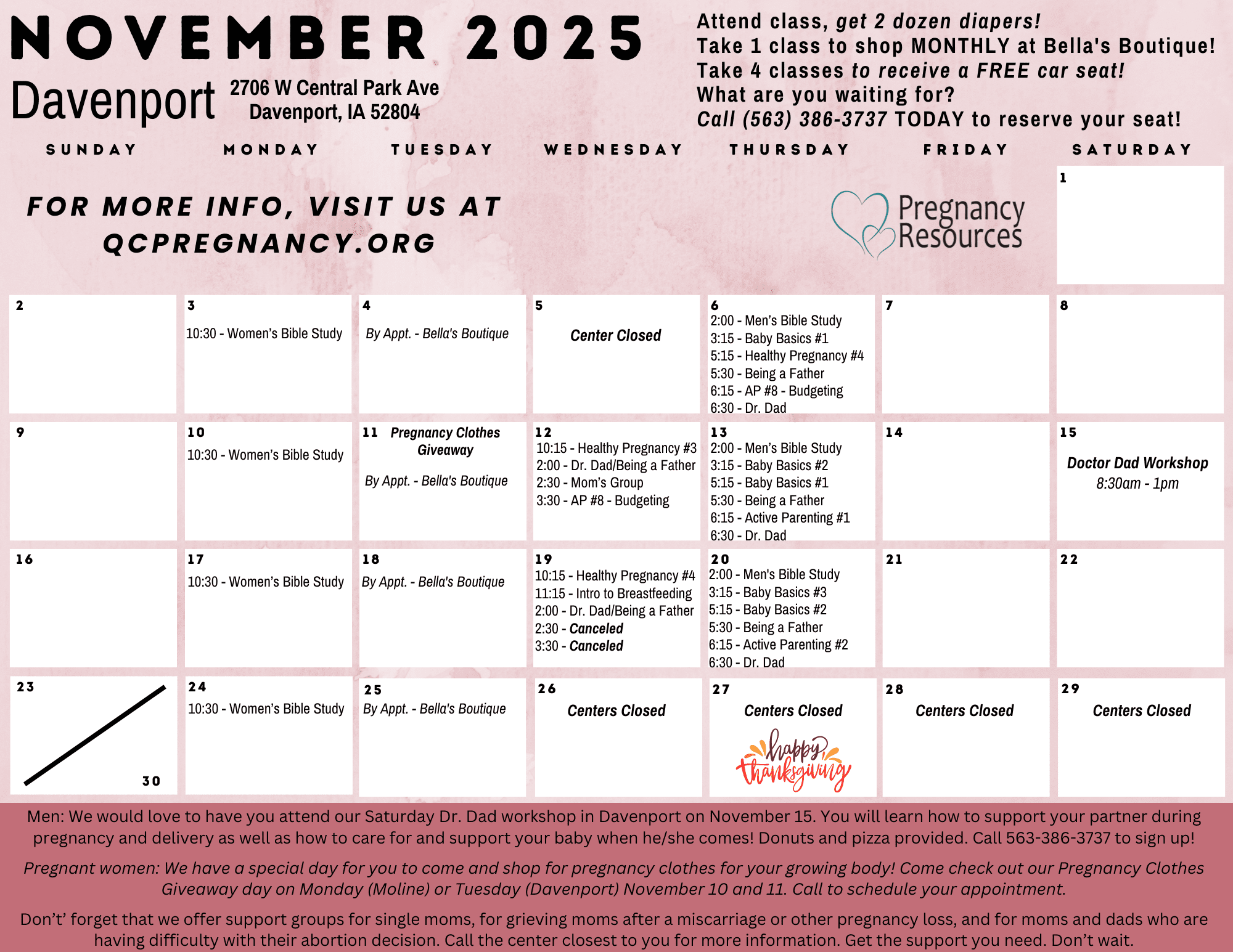 Davenport November Class Calendar 2025