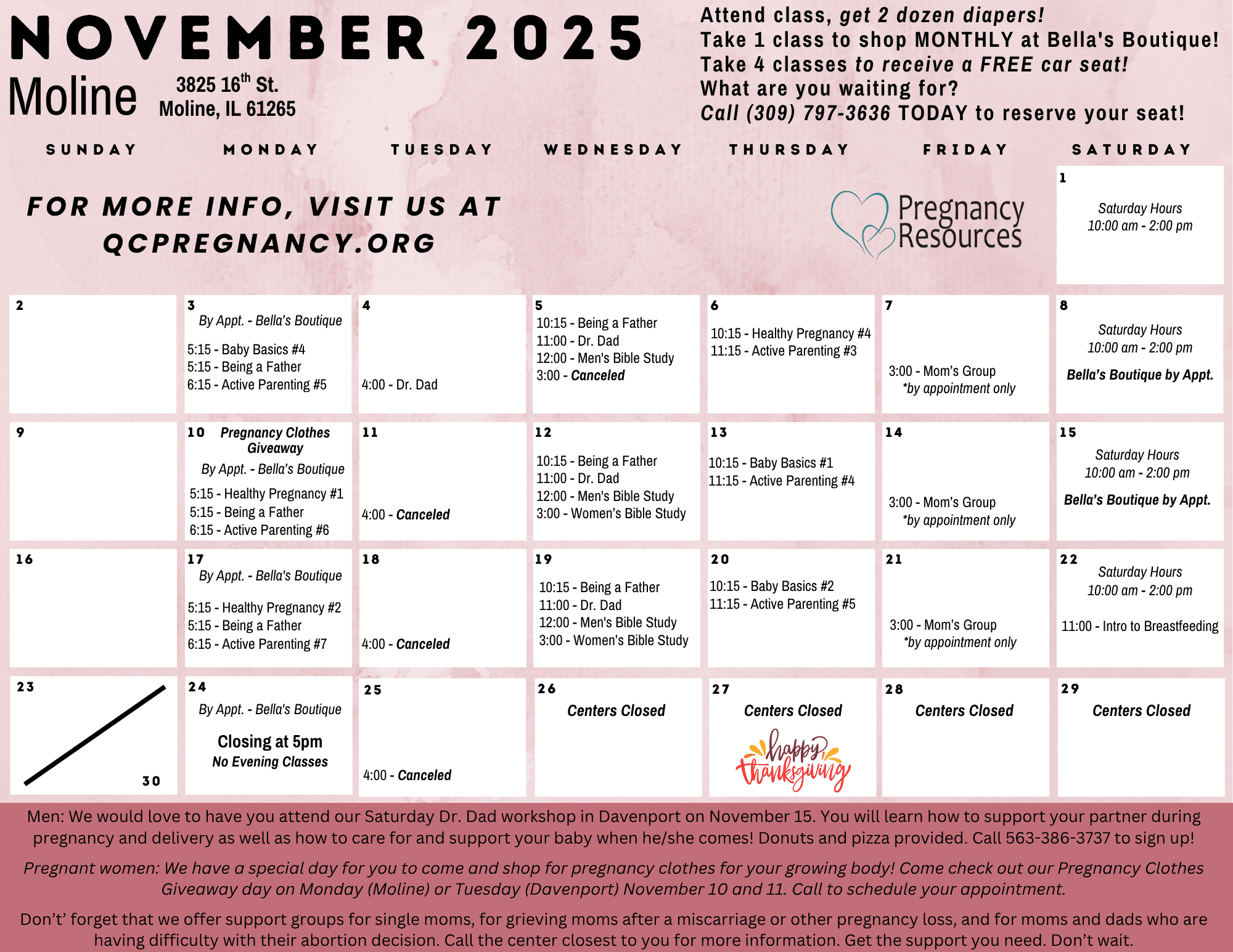 Moline November Class Calendar 2025